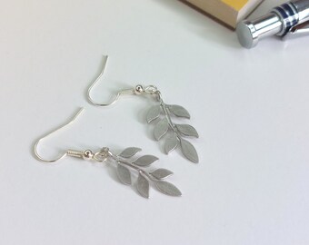 Silver Laurel Leaf Dangle Earrings - silver, branch drop earrings, plant jewellery, plant lover, leaf jewellery