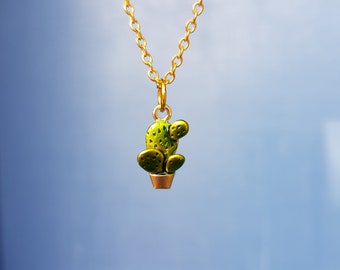 Cactus Necklace, Gold-plated or Silver-plated Green Enamelled Plant Necklace, Succulent, Cacti