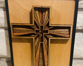 Framed Wood Cross, Christian artwork, layered wood art, stained, Christian gift