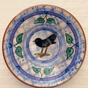 Vintage Signed Hand-Painted Folk Art Bird Studio Pottery Bowl, Mexican Inspired Terracotta Decor, 9.5"