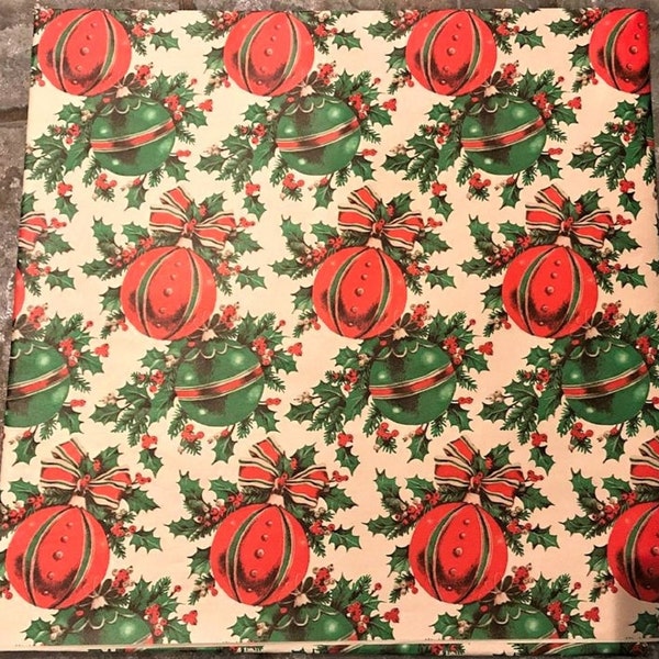 2 Sheets 70s WRAPPING PAPER Mid Century Vintage Holly Ornaments Christmas