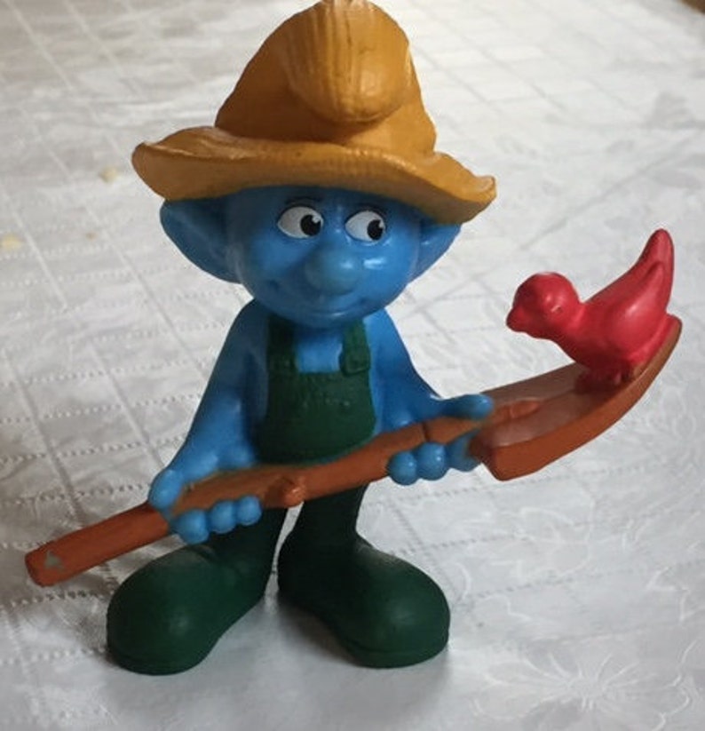 Vintage SMURF farmer PVC 3 Figure With Shovel and Bird Etsy