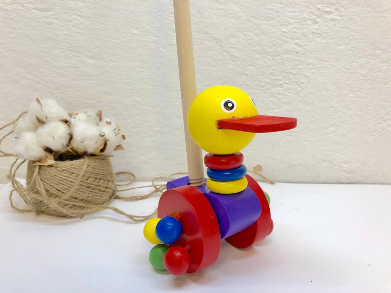 Wooden Push Toy Duck With Handle Handcrafted Montessori Image 0