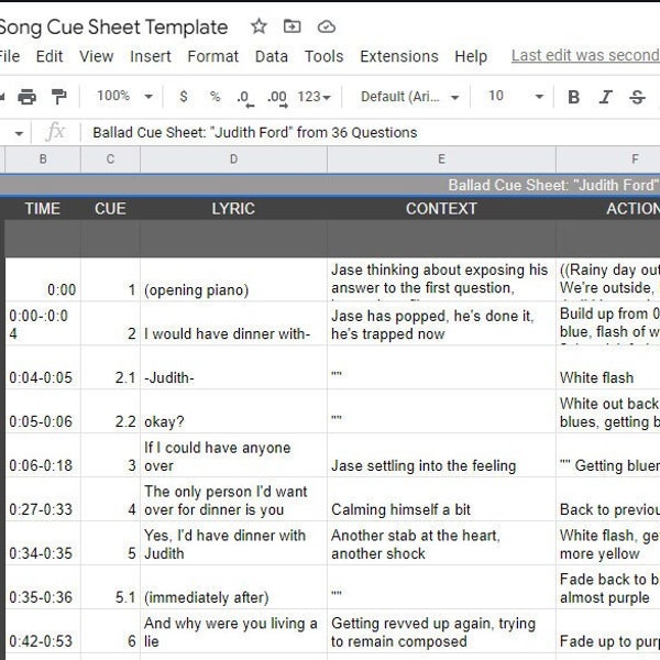 Theatre Design Ballad/Song Cue Sheet Template (Lighting Focused w/ Guide and Example Sheet) for Google Sheets/Excel