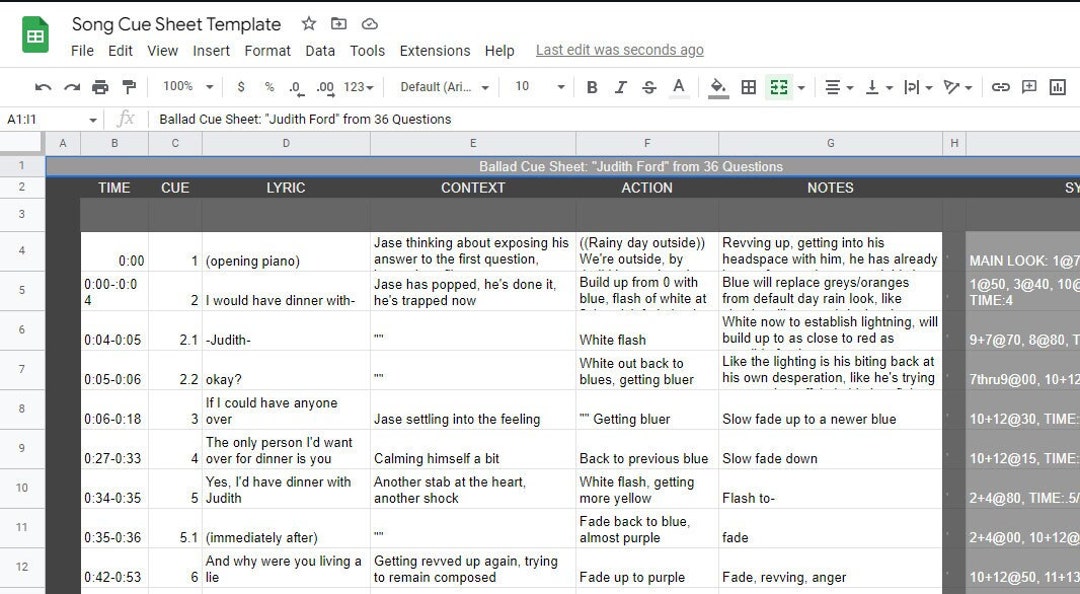 Theatre Design Ballad song Cue Sheet Template Lighting Focused W Guide Theatre Design Ballad song Cue Sheet Template Lighting Focused W Guide