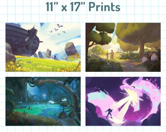 May include: Four digital illustrations of fantasy scenes. The first scene shows a large ship in a field of green grass with a blue sky and white clouds. The second scene shows a path through a forest with two figures walking in the distance. The third scene shows a forest with a lake and a bridge. The fourth scene shows a purple and pink dragon breathing fire at a figure in a blue suit.