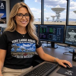 May include: A black t-shirt featuring a graphic print of the Very Large Array in New Mexico, with the text Very Large Array, Plains of San Augustin, and New Mexico. The shirt is paired with a black mug and mousepad, both displaying the VLA logo.