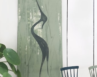 original Malerei *herOn* MID Century . Handgemalt . Acryl Malerei . Leinwand . Minimalistisch . Kunst . Reiher . UNIKAT