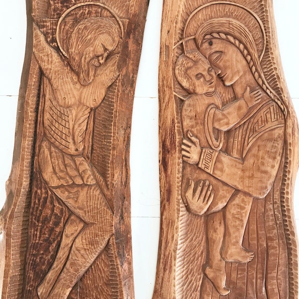 Holz-Wand-Kunst . Holzskulptur . Jesus Maria . Wandskulptur . Holzskulptur . Wandkunst . SET . Wandbild . 1960 . Holzschnitzerei . UNIKAT