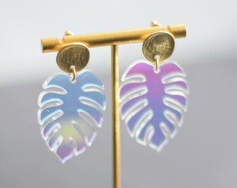 Iridescent Monstera Leaf Earrings | Acrylic Leaf Earrings | Modern Acrylic Earrings | Fun Boho Earrings | Trendy Spring Earrings | Colorful