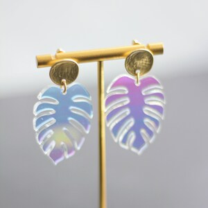 Iridescent Monstera Leaf Earrings | Acrylic Leaf Earrings | Modern Acrylic Earrings | Fun Boho Earrings | Trendy Spring Earrings | Colorful
