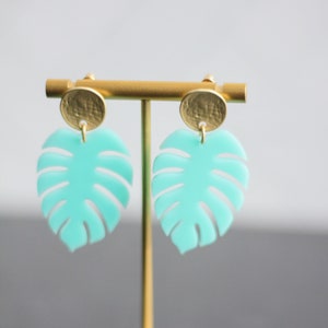 Turquoise Monstera Leaf Earrings | Acrylic Leaf Earrings | Modern Acrylic Earrings | Fun Boho Earrings | Trendy Spring Earrings | Colorful