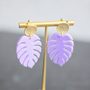 Lavender Monstera Leaf Earrings | Acrylic Leaf Earrings | Modern Acrylic Earrings | Fun Boho Earrings | Bright Earrings | Trendy