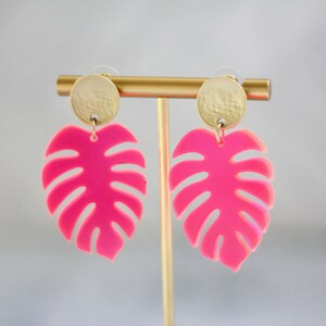 Hot Pink Fluorescent Monstera Leaf Earrings | Acrylic Leaf Earrings | Modern Acrylic Earrings | Fun Boho Earrings | Bright Earrings | Trendy