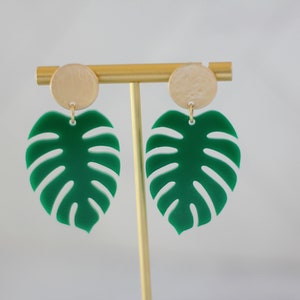 Green Monstera Leaf Earrings | Acrylic Leaf Earrings | Modern Acrylic Earrings | Fun Boho Earrings | Trendy Spring Earrings | Colorful