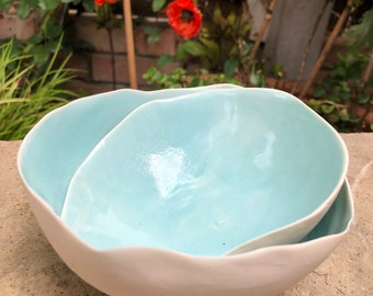 ring dishes, nuts etc, fine porcelain bows, set of two, blue and white, handmade organic bowls,