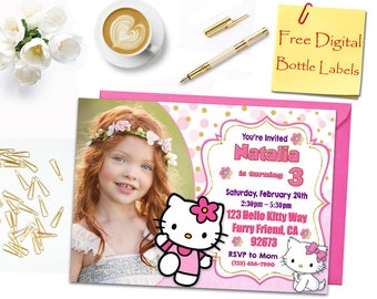 Hello Kitty, Hello Kitty Birthday Invitation, Hello Kitty Photo Invitation, Hello Kitty Bottle Labels, Birthday Invitation, Invitations