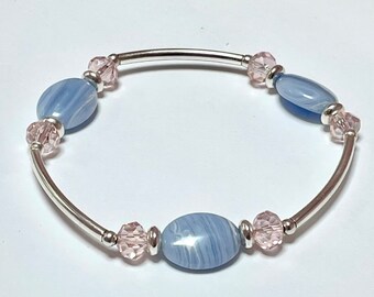 8” Blue Lace Agate, Crystal and Silver Bar Bracelet