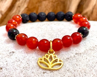 Red Agate Crystal Lava Aromatherapy bracelet with Lotus Flower