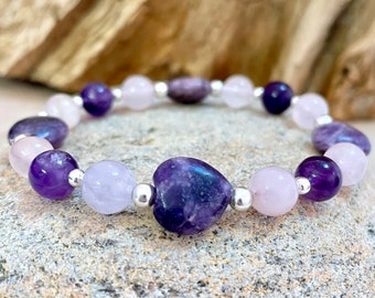 Natural Amethyst Heart and Rose Quartz Crystal Bracelet