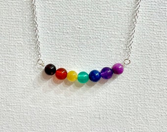 Rainbow Chakra Crystal Beaded Bar Necklace On Silver Chain