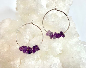 Silver and  Amethyst Crystal Hoop Earring