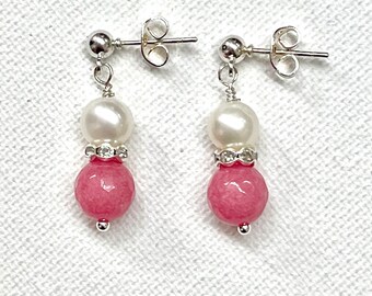 Pink Jade and Freshwater Pearl dangle earring for Love