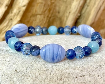 Blue Sodalite, Agate, Aqua Jade and Crystal beaded bracelet