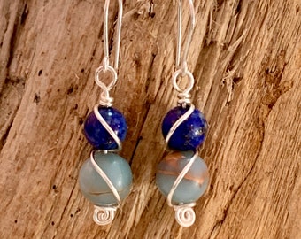 Handmade Lapis Lazuli and Jasper, Silver Dangle Earrings