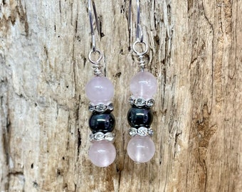 Rose Quartz and Hematite Beaded Dangle Earrings