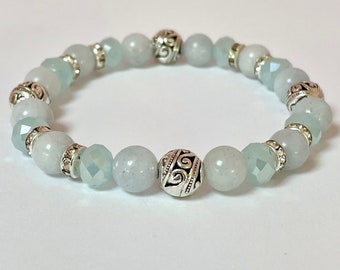 Aquamarine Beaded Stretch Bracelet March Birthstone Jewelry