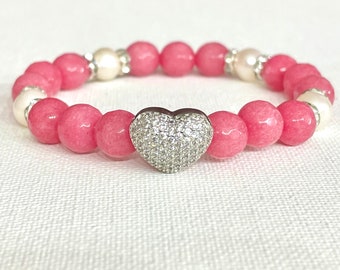 Pink Jade and Pearl Pave Heart Bracelet for Love