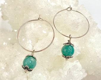 Silver Hoop Earring with Amazonite Crystals