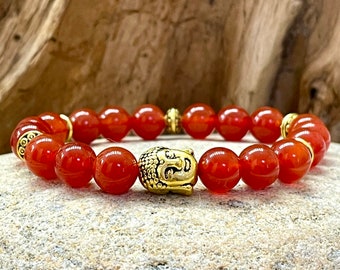 Red Agate and Buddha Head  Beaded Crystal Bracelet