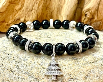 Ladies Black Onyx & Silver Cubic Zirconia Pave Christmas Tree Bracelet