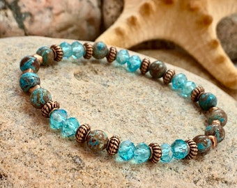 Turquoise Crystal and Natural Jasper Beaded Bracelet