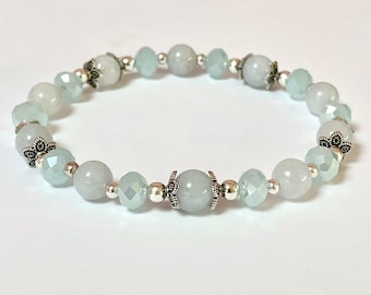 Aquamarine and Silver Stretch Beaded Bracelet/March Birthstone