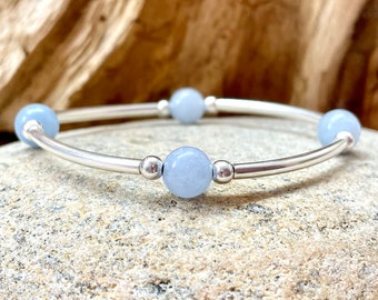 Silver Bar Aquamarine Bead Stretch Bracelet