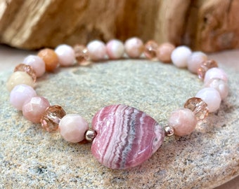 Pink Rhodochrosite Heart and Pink Opal Beaded Love Stretch Bracelet
