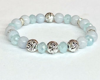 Aquamarine and Silver Stretch Beaded Bracelet/March Birthstone