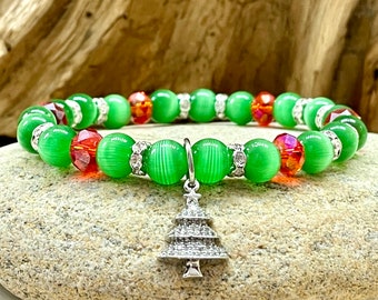 CZ Pave Christmas Tree and Green Tiger Eye Womens Crystal Bracelet