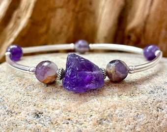 Raw Amethyst Beaded Bracelet with Silver Tubes