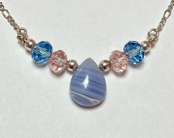 Blue Lace Agate,  Pink and Blue  Crystal Necklace