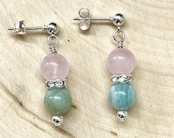 Morganite and Rose Quartz Crystal Dangle Earrings