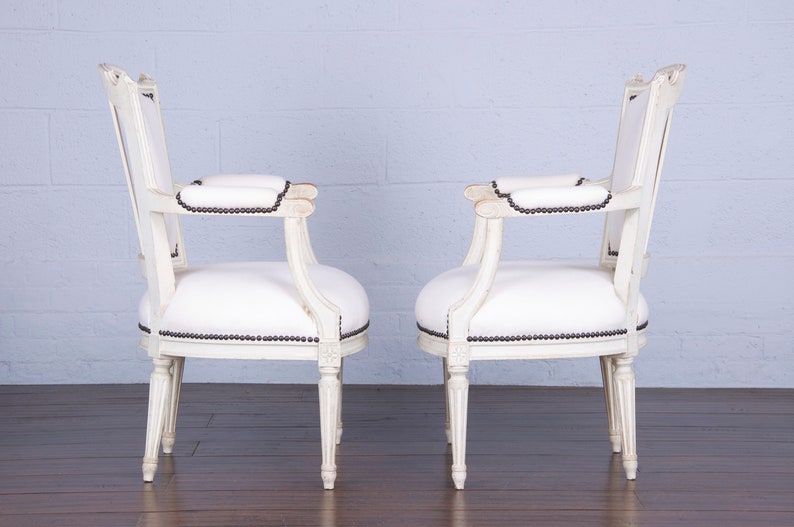 Antique French Louis XVI Style Painted Armchairs W/ White Wool A Pair image 6