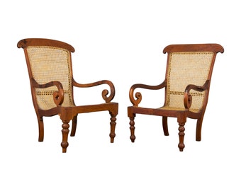 19th Century French Colonial Walnut Reading Cane Armchairs - A Pair