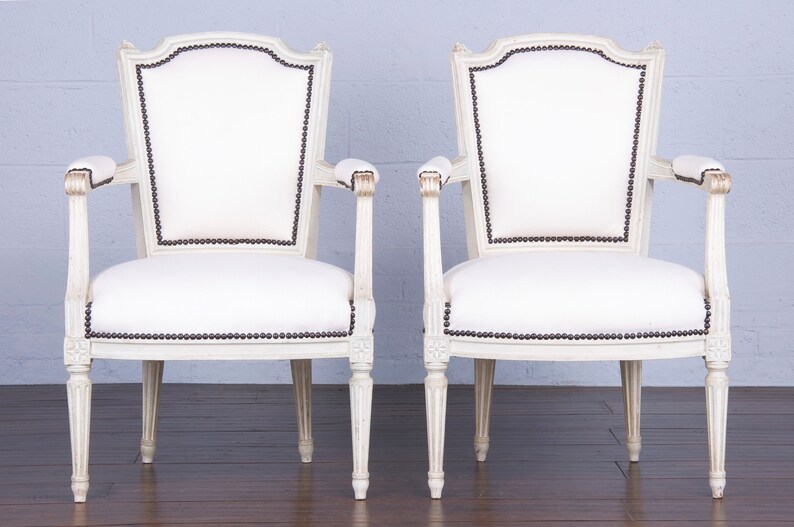 Antique French Louis XVI Style Painted Armchairs W/ White Wool A Pair image 2