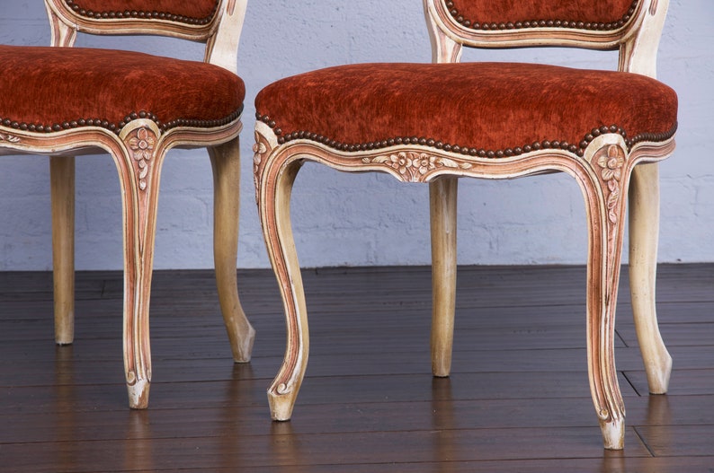 Antique French Louis XV Style Painted Dining Chairs W/ Burnt Orange Fabric Set of 6 image 9