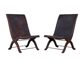 Spanish Pierre Lottier Leather Slipper Chairs - A Pair