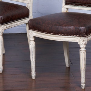 French Maurice Hirsch Louis XVI Style Painted Square Back Dining Chairs W/ Brown Leather Set of 6 Signed image 8